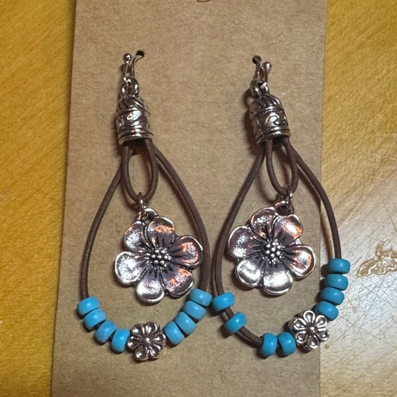Silver and Turquoise Flower Earrings - Picture 1 of 3